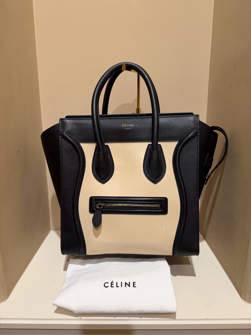 Celine Bi-Color Baby Grained Calfskin Nubuck Micro Luggage Cream/Black